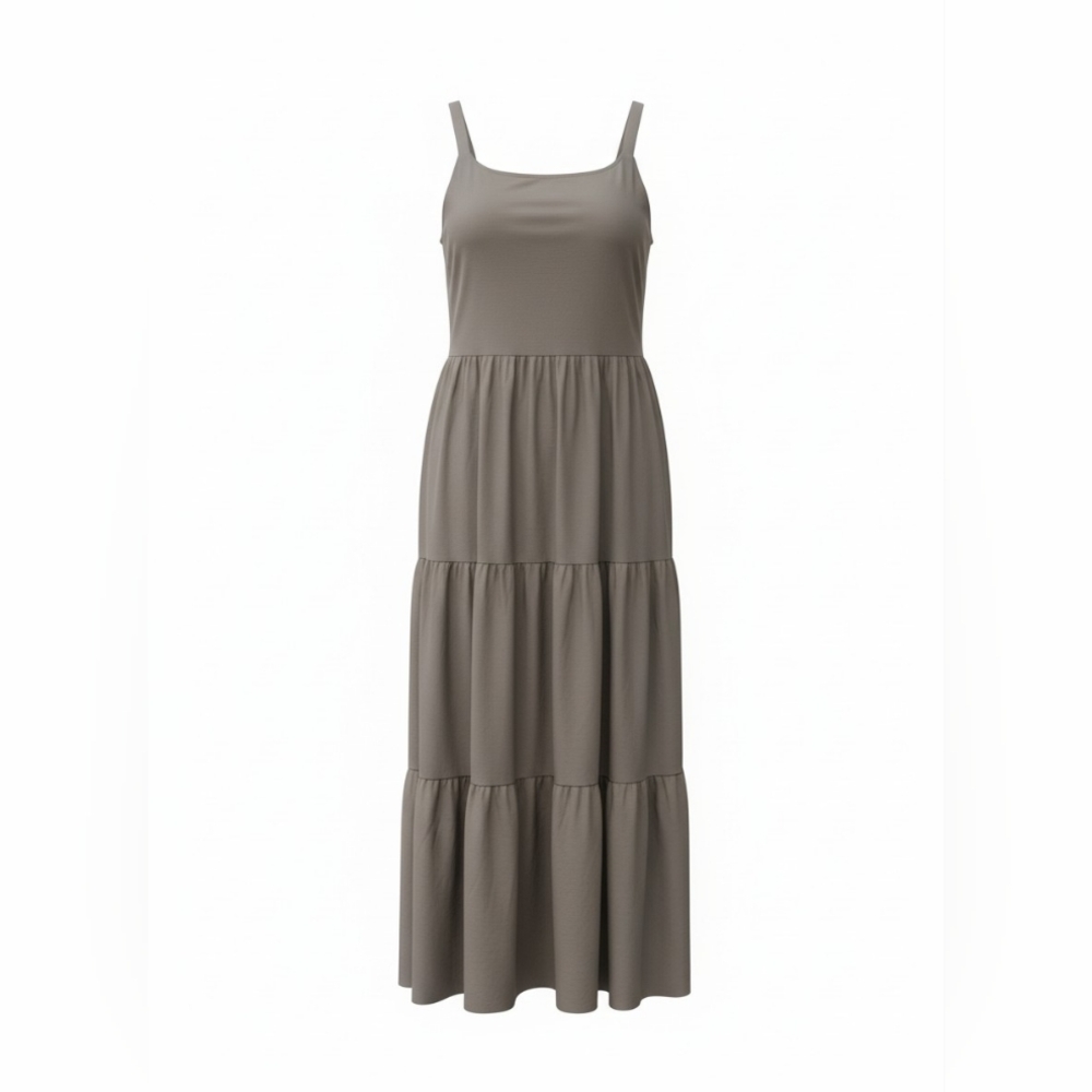 ZS Supply NWT Smocked Tiered Midi Dress | Taupe | Size Small | Linen Blend Boho